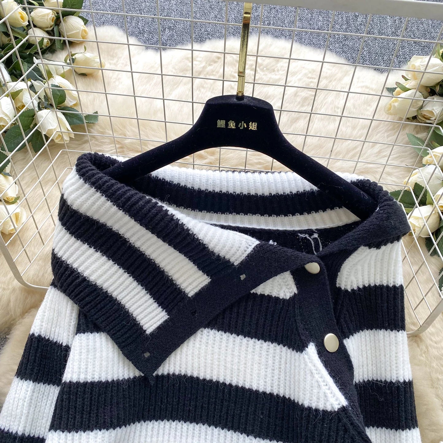 Chic stripe off-shoulder sweater with buttons