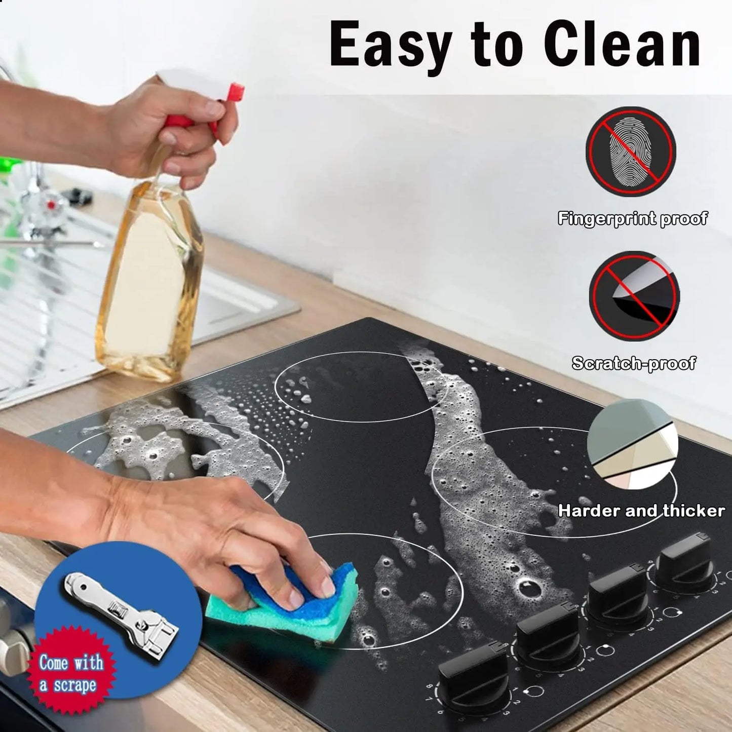 Compact 24" electric cooktop, 4 burners, residual heat indicator, knob operated, hard-wire installation