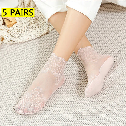 5 Pairs Women’s Lace Invisible Socks – Thin Non-Slip Boat Socks