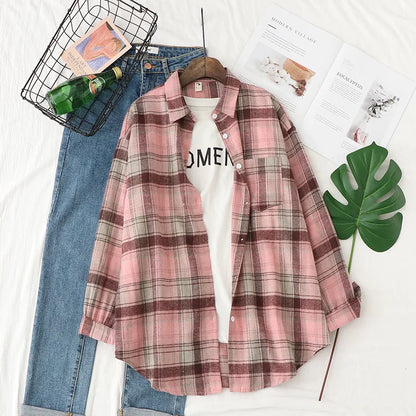 Women’s loose plaid shirt long-sleeve casual checked blouse