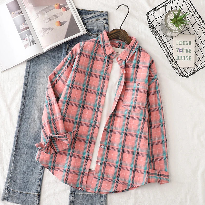 Women’s loose plaid shirt long-sleeve casual checked blouse