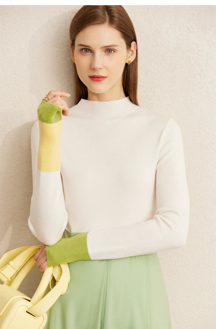 Slim-fit color-contrast pullover minimalist half-high collar sweater