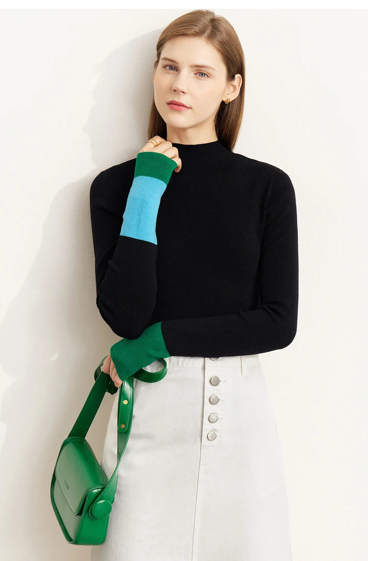 Slim-fit color-contrast pullover minimalist half-high collar sweater