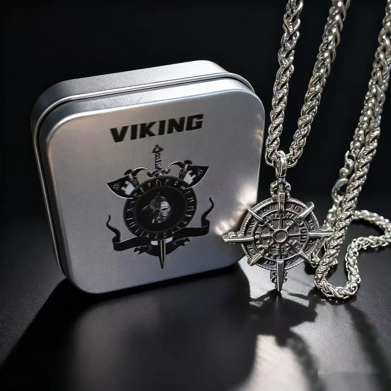 Men’s 316L stainless steel Viking rune compass necklace