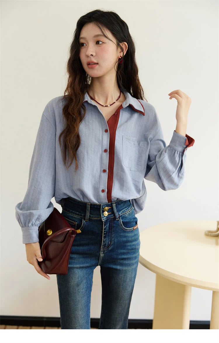 Blue-red contrasting color loose retro top