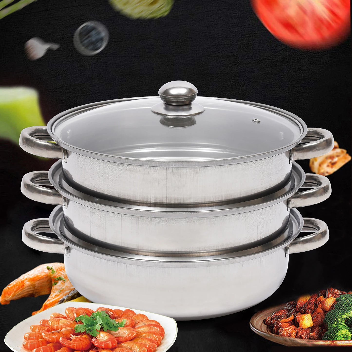 28cm 3-tier stainless steel food steamer for vegetables and large pots