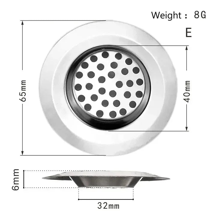 Durable stainless steel drain filter with fine mesh design; fits most sink drain holes