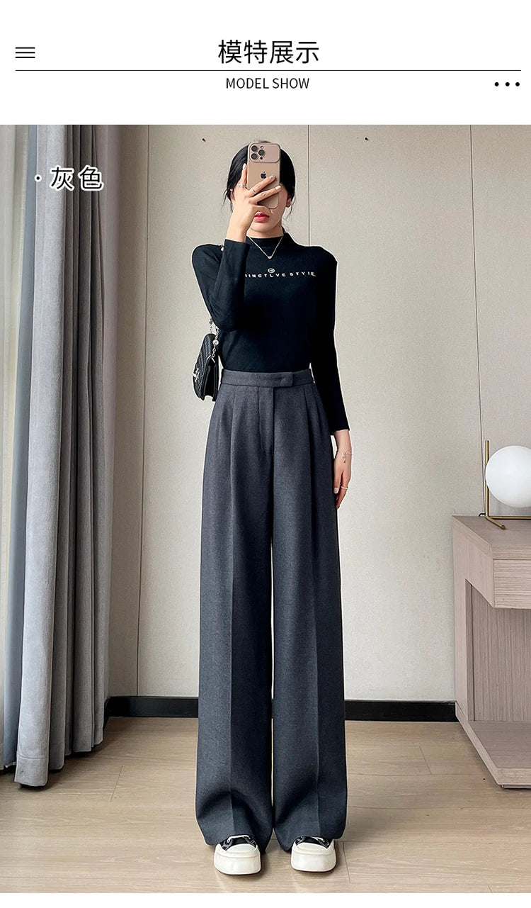 Women’s slim high-waist wool pants, autumn casual