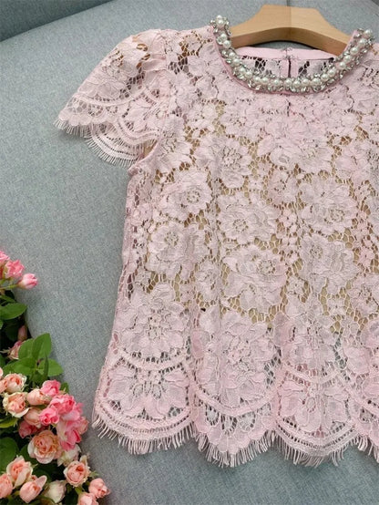 Flower lace hollow-out short sleeve top pearl-embellished