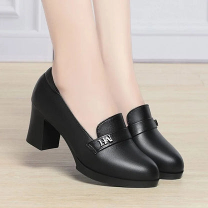 Women’s Soft Leather Loafers – Mid Block Heel, Comfortable Office Shoes