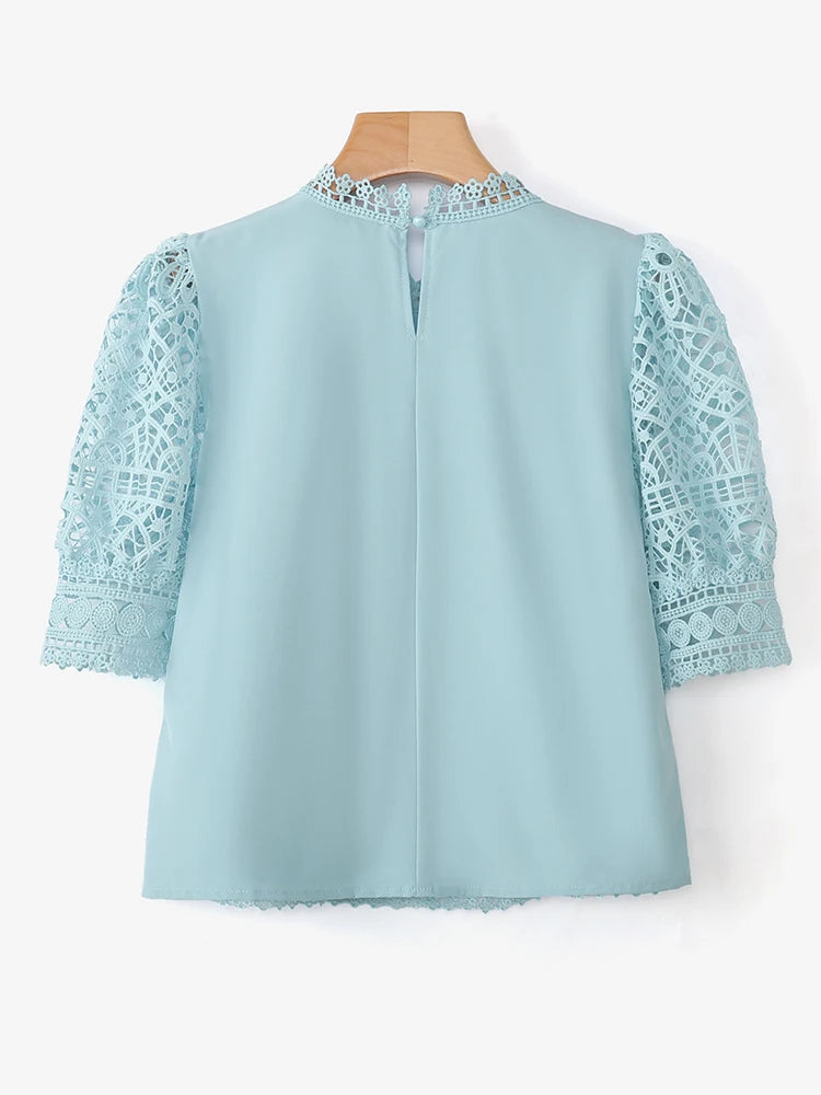 Casual loose hollow-out half puff sleeve top
