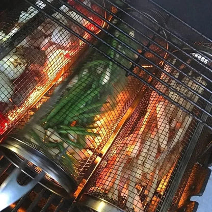 Cylinder grilling cage for vegetables, meat, and seafood on the barbecue