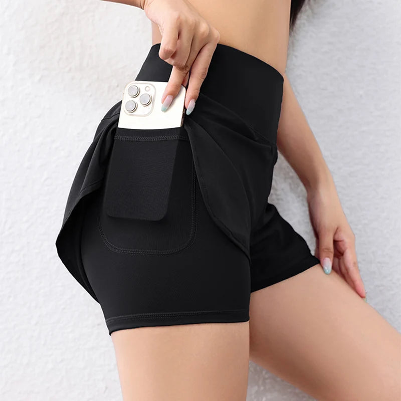 Layered sports shorts with pockets for yoga and fitness