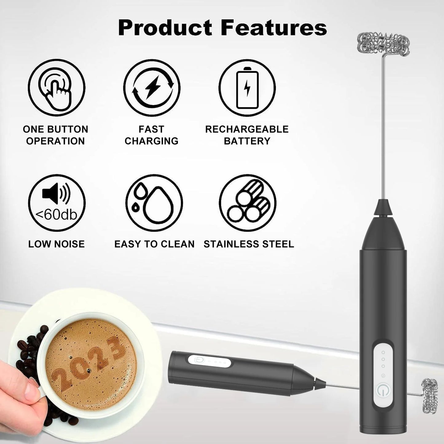 Portable milk frother and eggbeater with rechargeable design