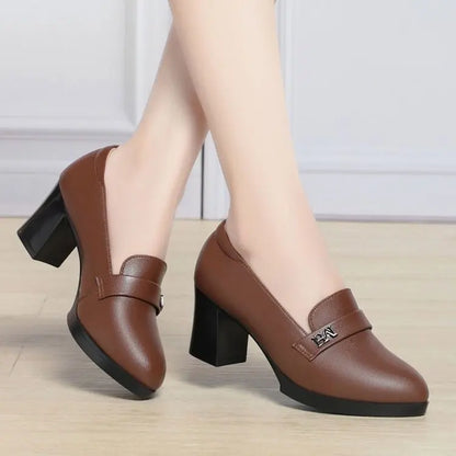 Women’s Soft Leather Loafers – Mid Block Heel, Comfortable Office Shoes