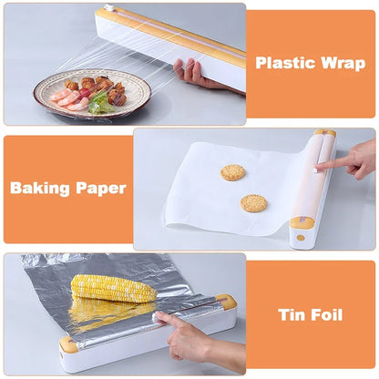 Foil and film storage box with built-in blade