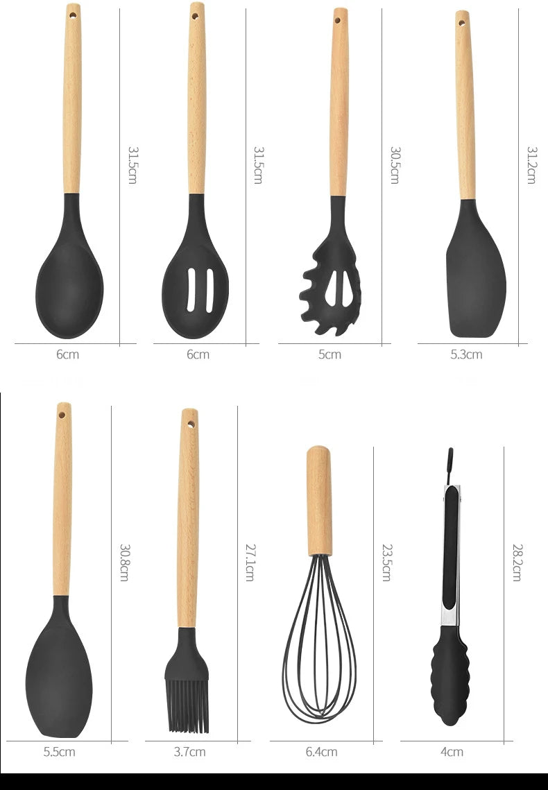 12-piece silicone kitchen utensil set with wooden handles—non-stick safe