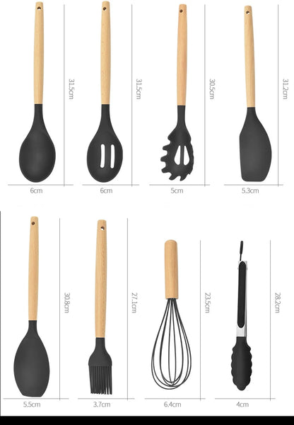 12-piece silicone kitchen utensil set with wooden handles—non-stick safe