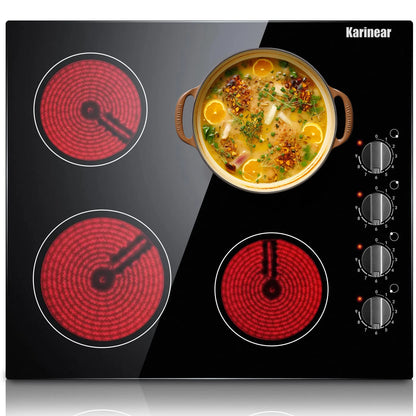 Compact 24" electric cooktop, 4 burners, residual heat indicator, knob operated, hard-wire installation
