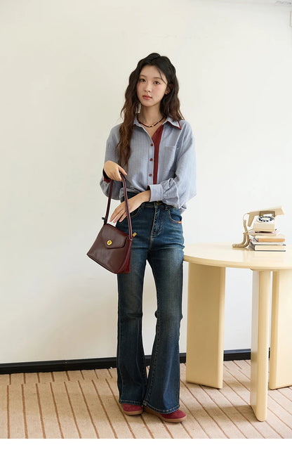 Blue-red contrasting color loose retro top