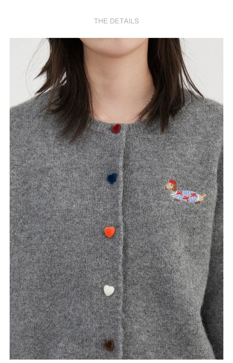 Casual knitted sweater with dog embroidery