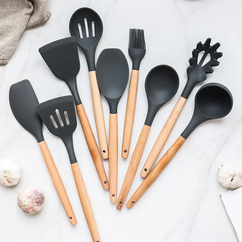 12-piece silicone kitchen utensil set with wooden handles—non-stick safe
