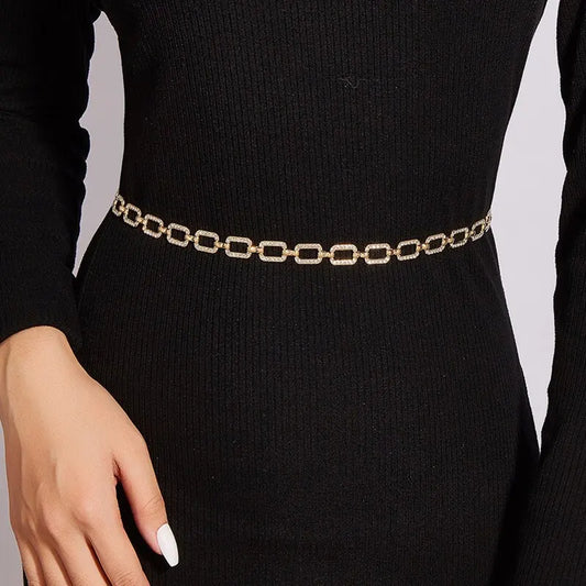 Women’s Rhinestone Waist Belt – Slim Metal Bling Chain