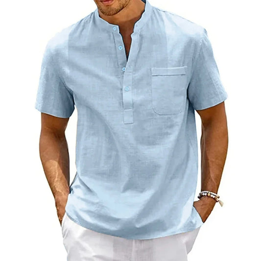 Men’s cotton-linen Henley shirt with pocket