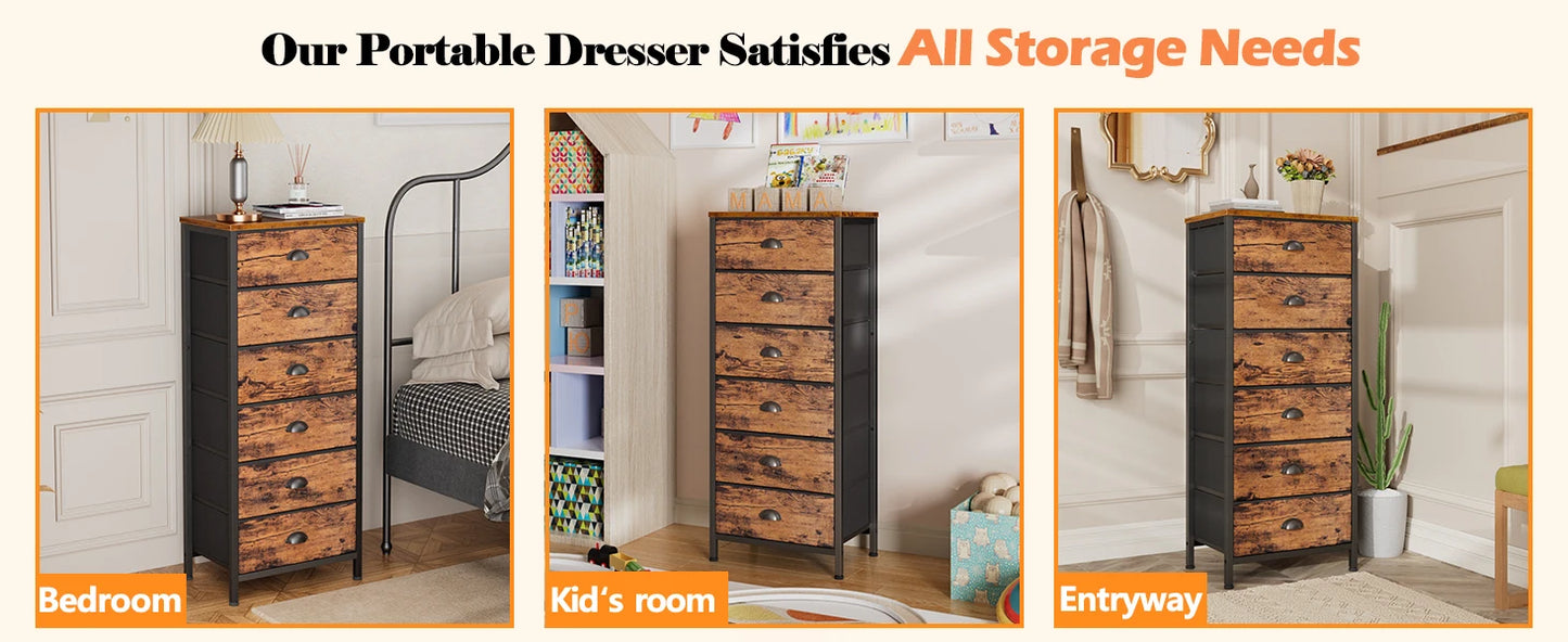 Industrial-style tall dresser with 6 drawers and fabric storage—ideal for bedrooms or dorm rooms