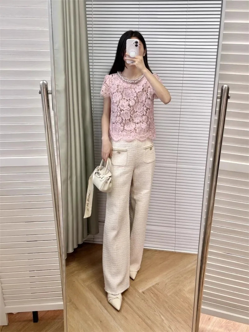 Flower lace hollow-out short sleeve top pearl-embellished