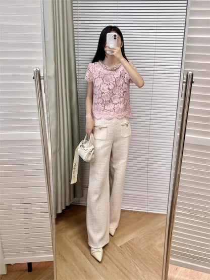 Flower lace hollow-out short sleeve top pearl-embellished