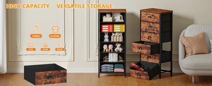 Industrial-style tall dresser with 6 drawers and fabric storage—ideal for bedrooms or dorm rooms