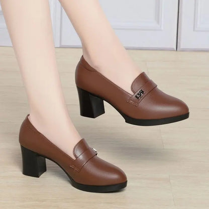 Women’s Soft Leather Loafers – Mid Block Heel, Comfortable Office Shoes