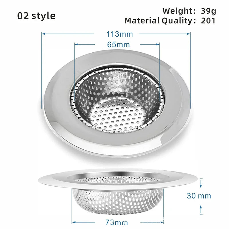Durable stainless steel drain filter with fine mesh design; fits most sink drain holes