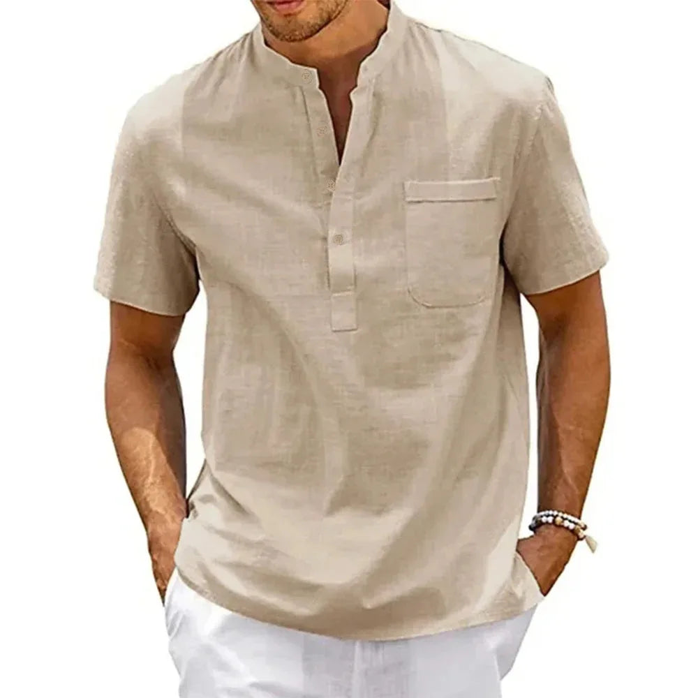 Men’s cotton-linen Henley shirt with pocket