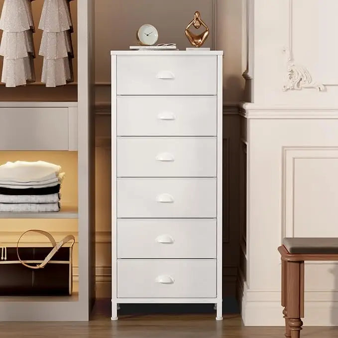 Industrial-style tall dresser with 6 drawers and fabric storage—ideal for bedrooms or dorm rooms