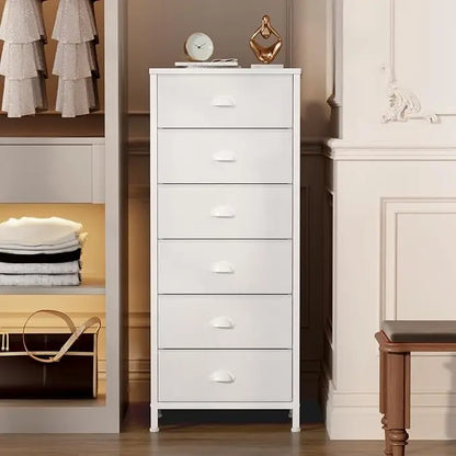 Industrial-style tall dresser with 6 drawers and fabric storage—ideal for bedrooms or dorm rooms
