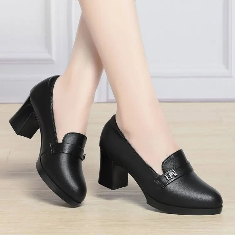 Women’s Soft Leather Loafers – Mid Block Heel, Comfortable Office Shoes