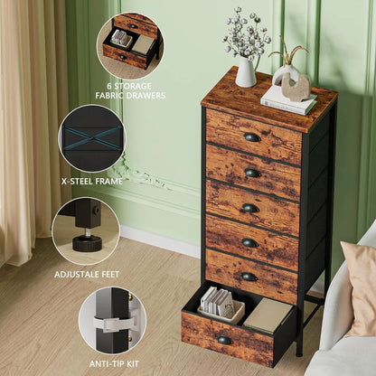 Industrial-style tall dresser with 6 drawers and fabric storage—ideal for bedrooms or dorm rooms