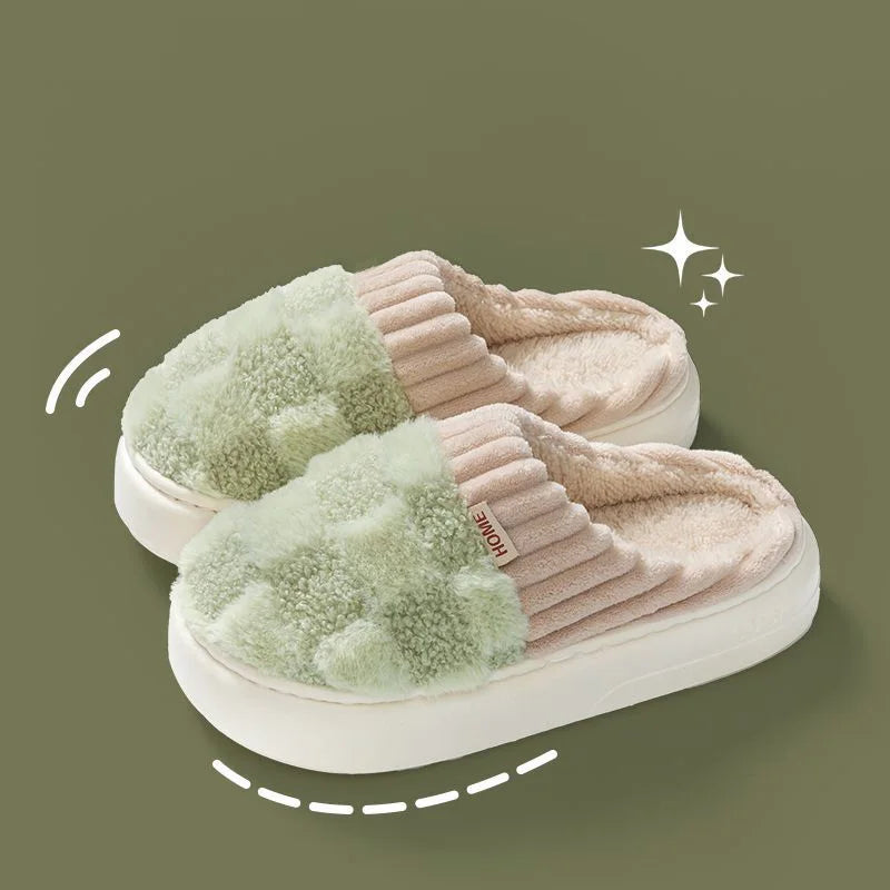 Fashion Couple Winter Slides – Warm Plaid Fluffy Slippers for Home