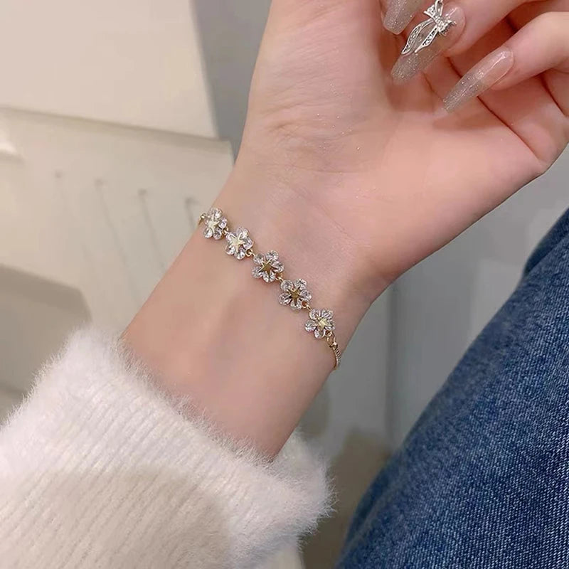 Rhinestone Charm Bracelet – Stars & Flowers, Gold Adjustable Bangle