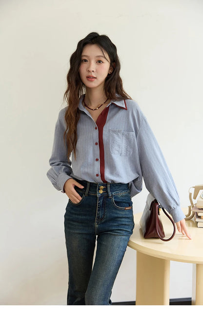 Blue-red contrasting color loose retro top