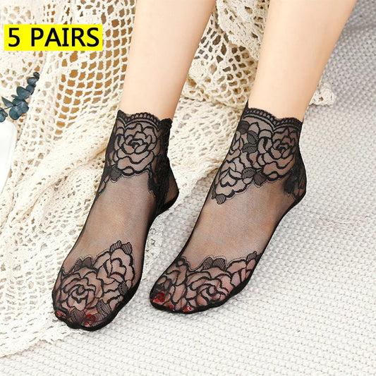5 Pairs Women’s Lace Invisible Socks – Thin Non-Slip Boat Socks