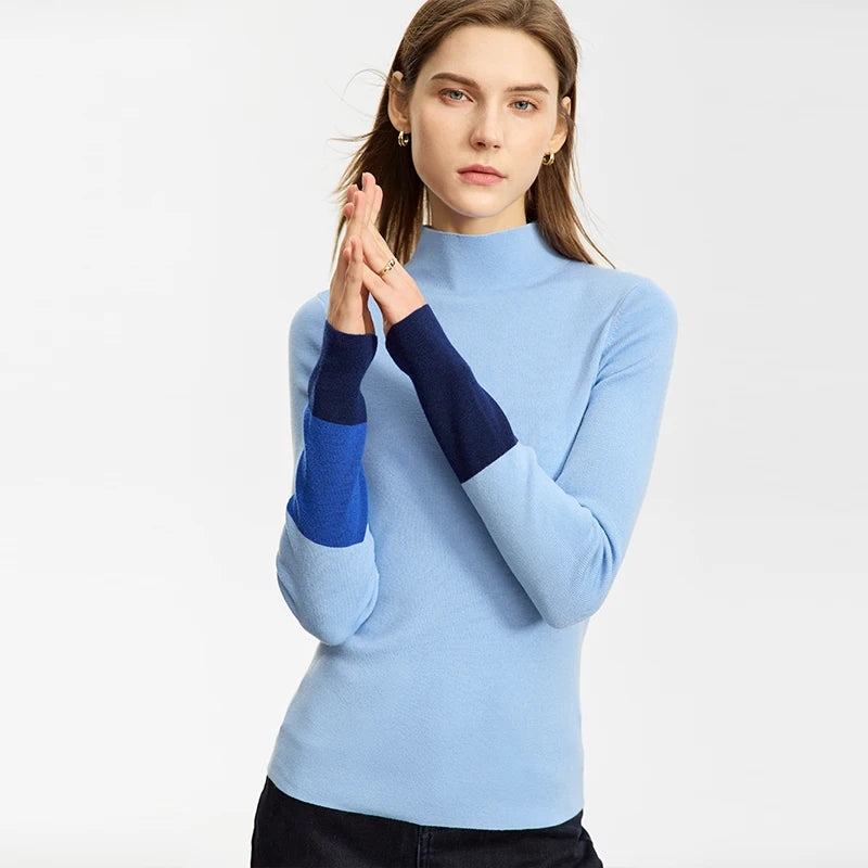 Slim-fit color-contrast pullover minimalist half-high collar sweater