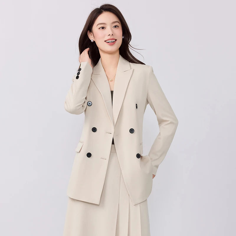 College-style blazer and pleated skirt outfit