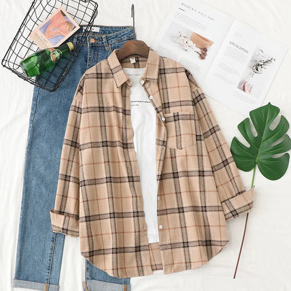 Women’s loose plaid shirt long-sleeve casual checked blouse