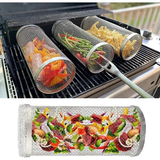 Cylinder grilling cage for vegetables, meat, and seafood on the barbecue