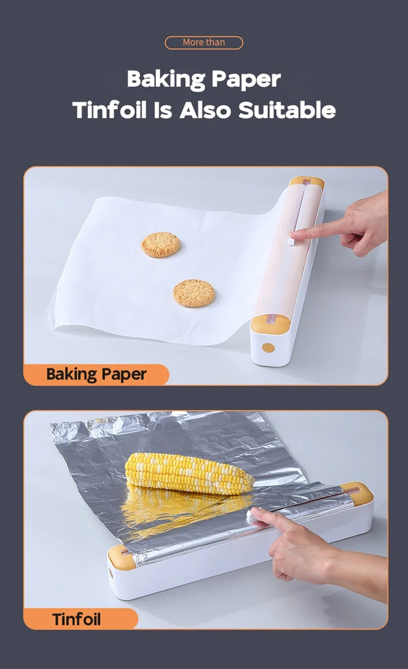 Foil and film storage box with built-in blade