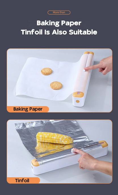 Foil and film storage box with built-in blade