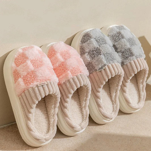 Fashion Couple Winter Slides – Warm Plaid Fluffy Slippers for Home